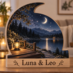 Moon and Stars Lakeside Terrace Personalized Wooden Block; example personalization Luna & Leo