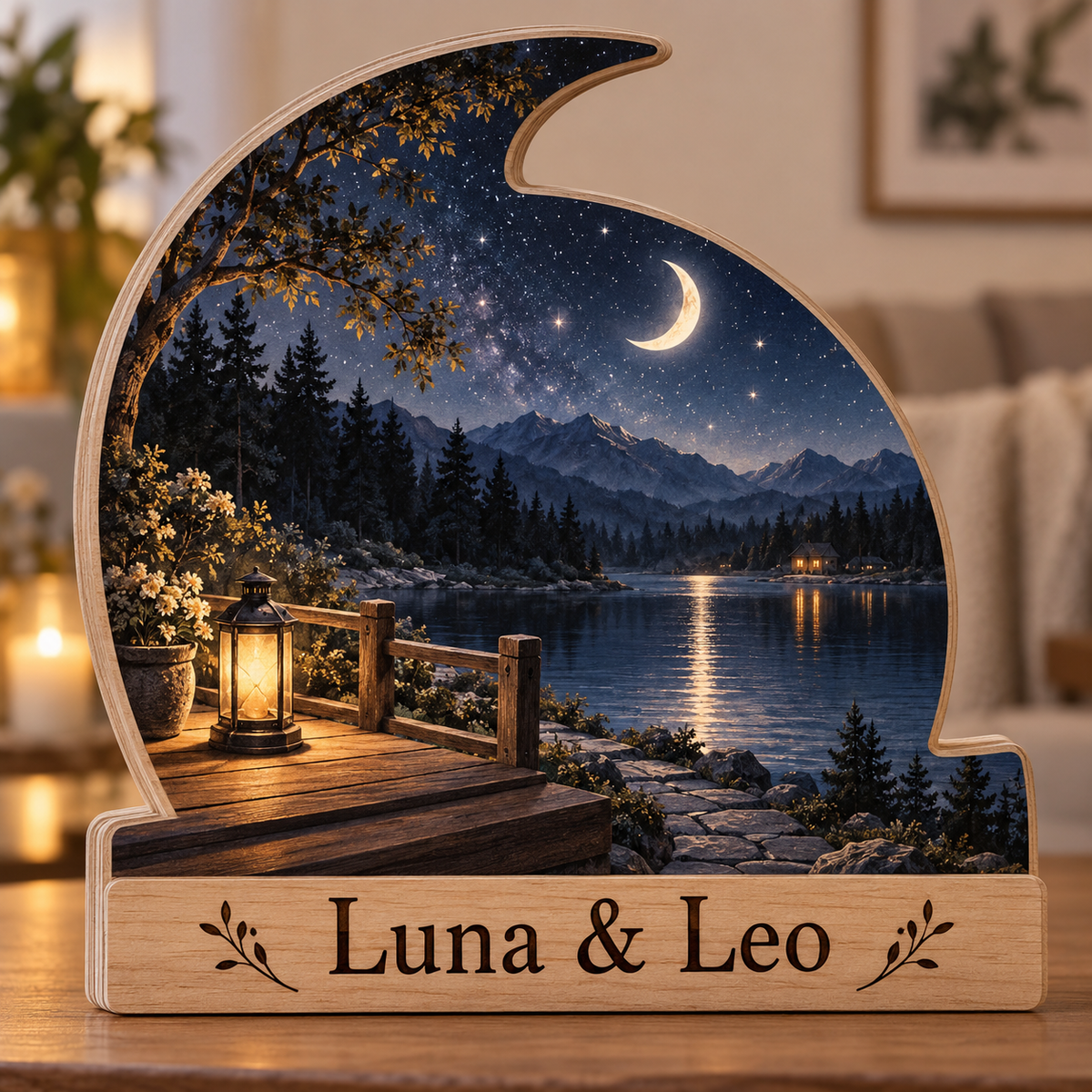 Moon and Stars Lakeside Terrace Personalized Wooden Block; example personalization Luna & Leo