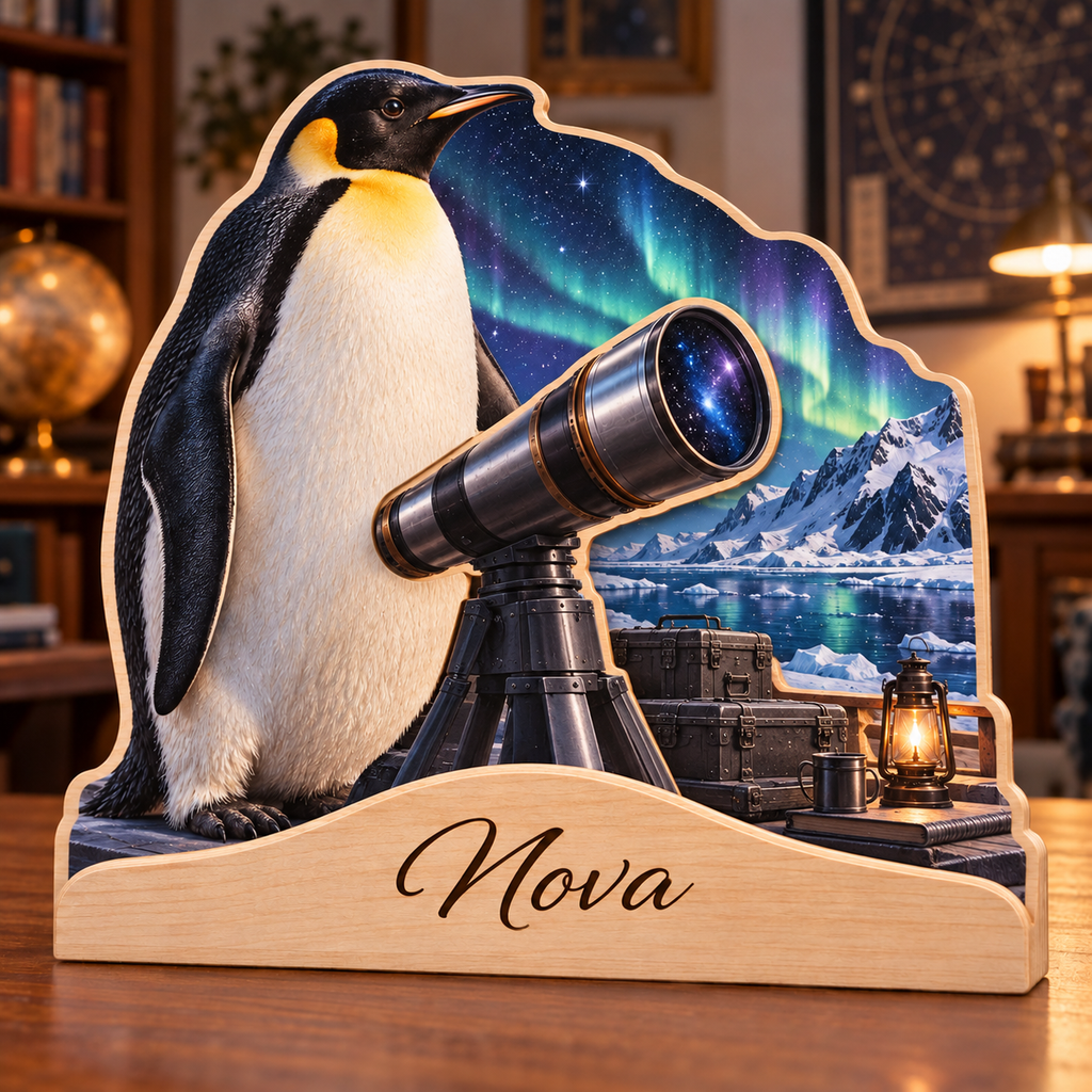 Penguin Stargazing Deck Personalized Wooden Block; example personalization Nova