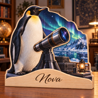 Penguin Stargazing Deck Personalized Wooden Block; example personalization Nova