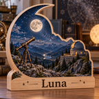 Moonlit Mountain Observatory Personalized Wooden Block; example personalization Luna