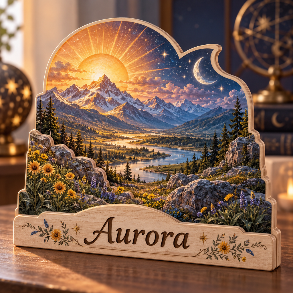 Sun and Moon Celestial Valley Personalized Wooden Block; example personalization Aurora