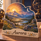 Sun and Moon Celestial Valley Personalized Wooden Block; example personalization Aurora
