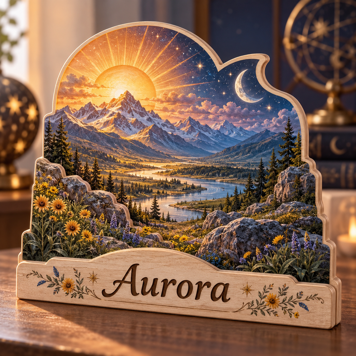 Sun and Moon Celestial Valley Personalized Wooden Block; example personalization Aurora