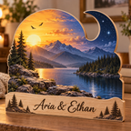 Sun and Moon Mountain Cove Personalized Wooden Block; example personalization Aria & Ethan