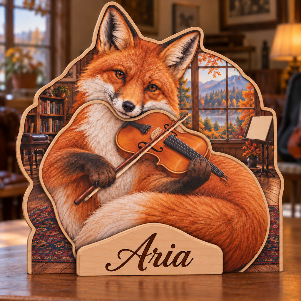 Fox Violin Studio Personalized Wooden Block; example personalization Aria