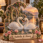 Swan Couple Rose Lake Personalized Wooden Block; example personalization Isabella & Henry