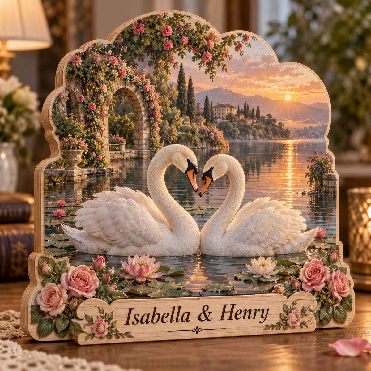 Swan Couple Rose Lake Personalized Wooden Block; example personalization Isabella & Henry