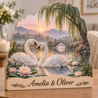 Swan Couple Willow Lake Bridge Personalized Wooden Block; example personalization Amelia & Oliver