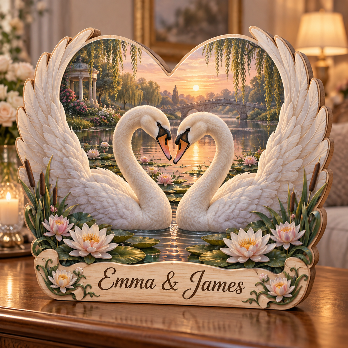 Swan Lake Heart Personalized Wooden Block; example personalization Emma & James