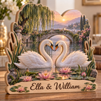 Swan Couple Lily Lake Personalized Wooden Block; example personalization Ella & William