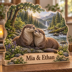 Otter Couple Woodland River Personalized Wooden Block; example personalization Mia & Ethan