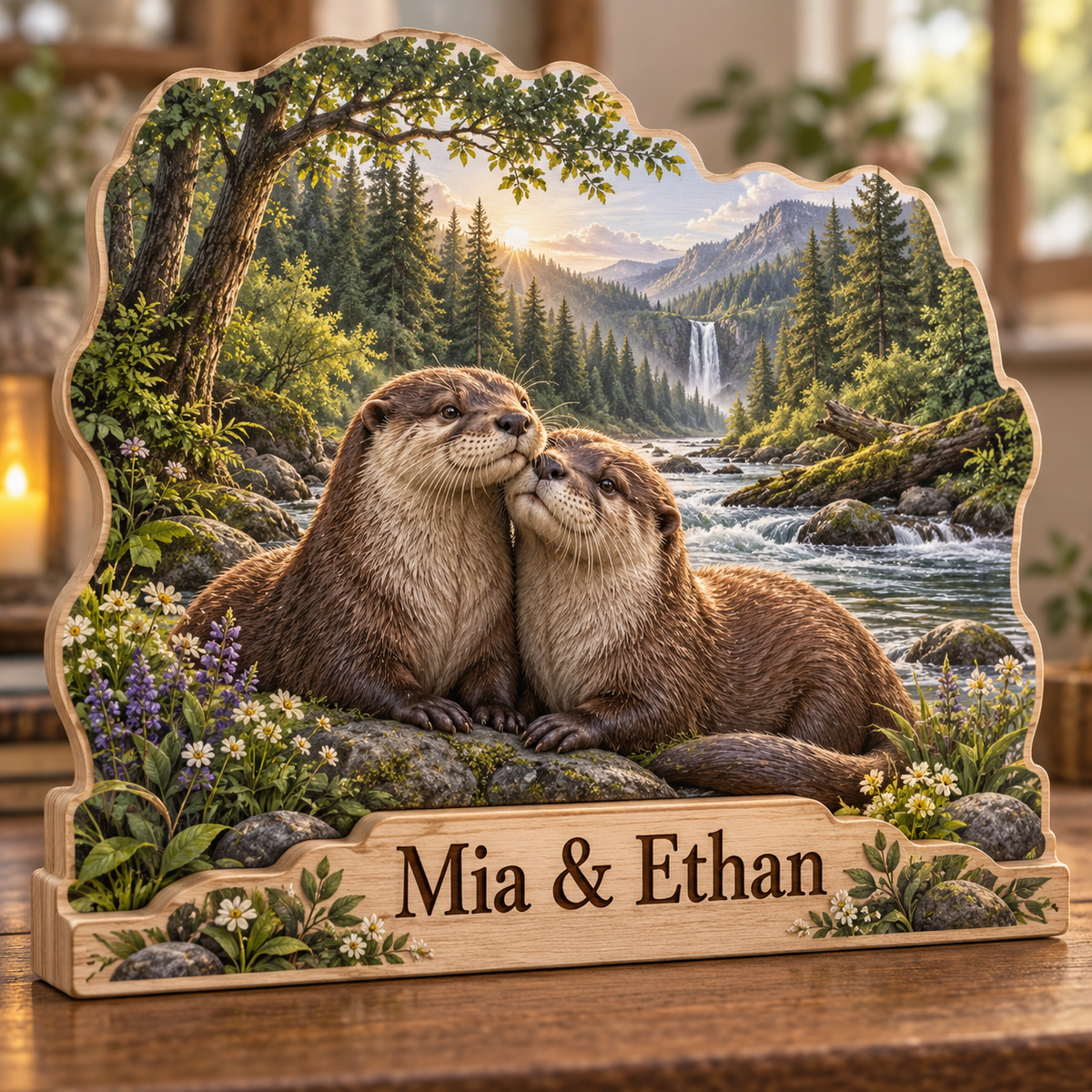 Otter Couple Woodland River Personalized Wooden Block; example personalization Mia & Ethan