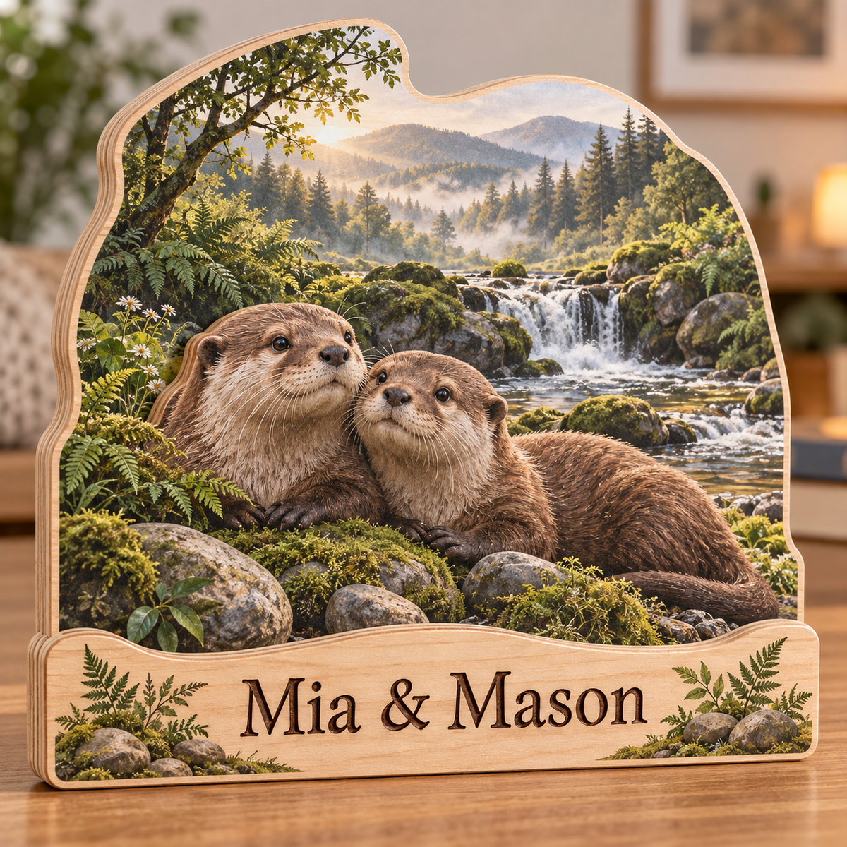 Otter Couple Fern Creek Falls Personalized Wooden Block; example personalization Mia & Mason