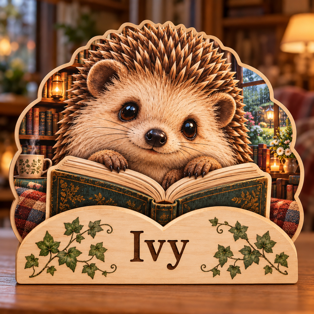 Hedgehog Reading Nook Personalized Wooden Block; example personalization Ivy