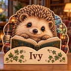 Hedgehog Reading Nook Personalized Wooden Block; example personalization Ivy