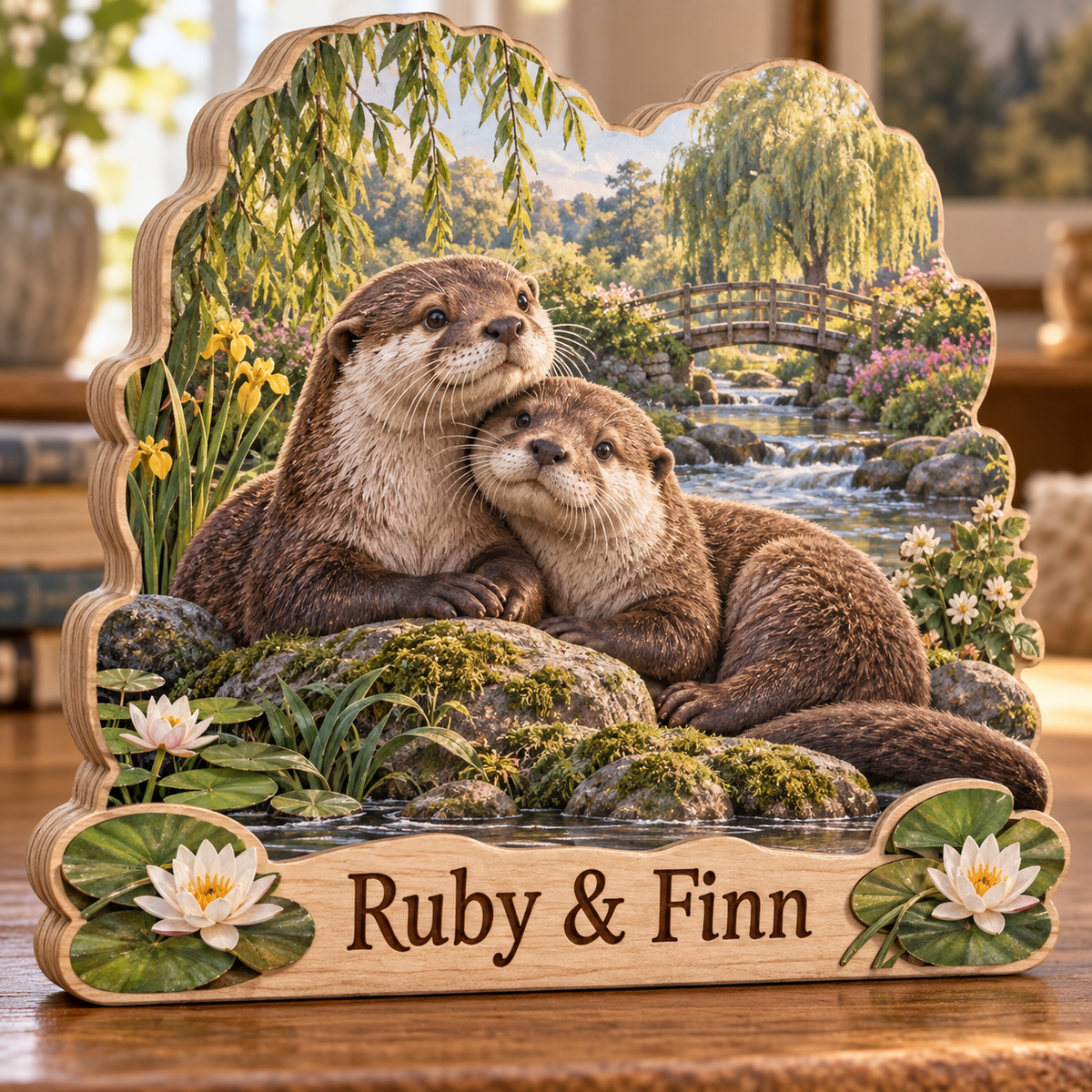 Otter Couple River Garden Personalized Wooden Block; example personalization Ruby & Finn