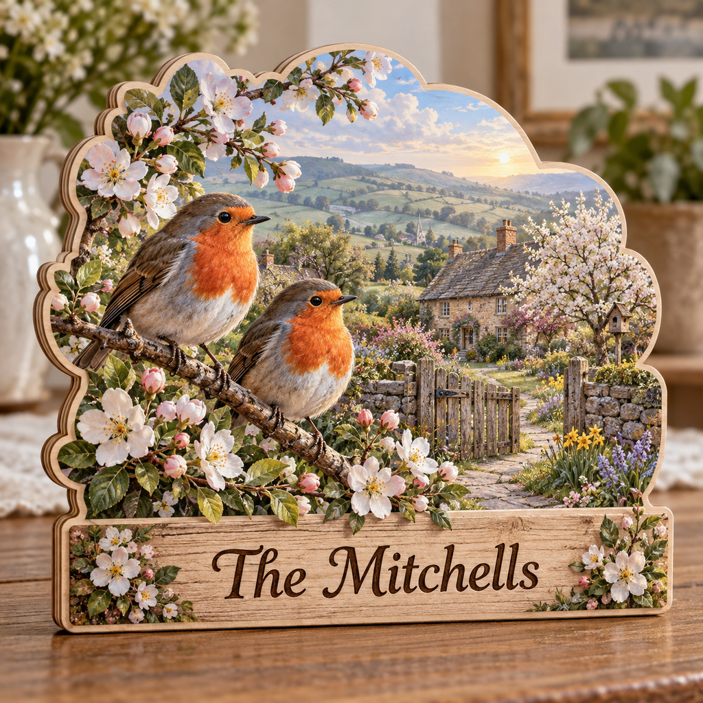 Robins Blossom Garden Gate Personalized Wooden Block; example personalization The Mitchells