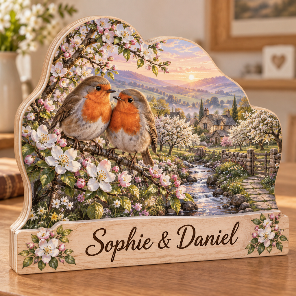 Robins Blossom Orchard Stream Personalized Wooden Block; example personalization Sophie & Daniel