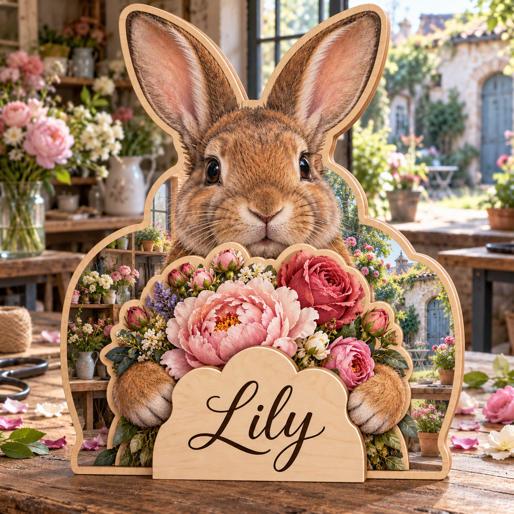 Rabbit Flower Studio Personalized Wooden Block; example personalization Lily