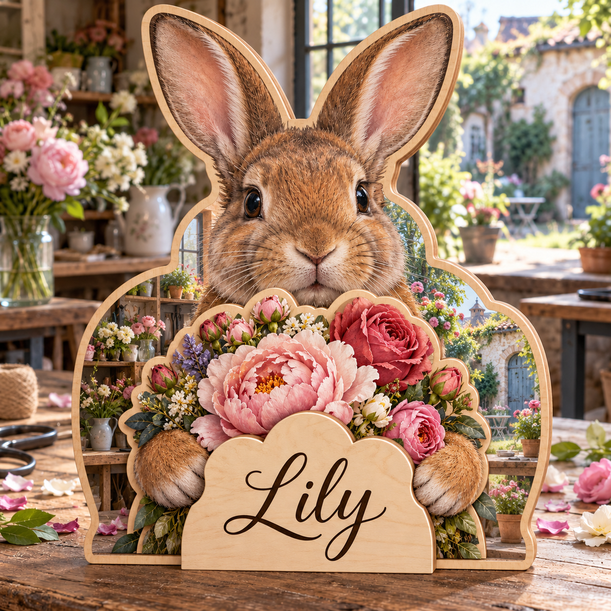 Rabbit Flower Studio Personalized Wooden Block; example personalization Lily