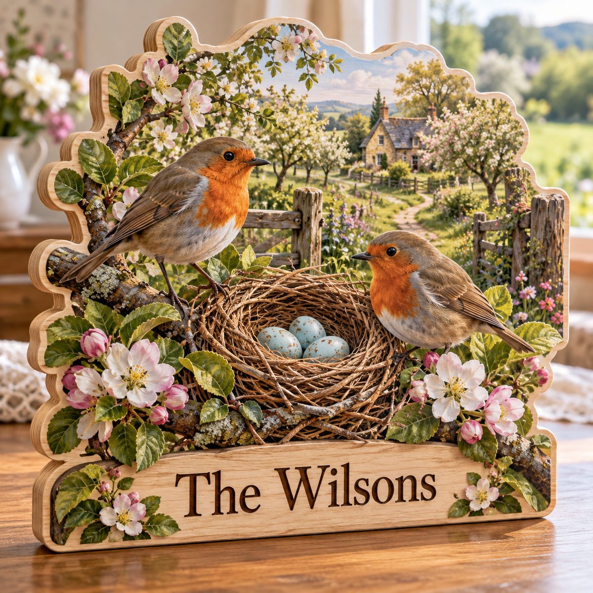 Robin Nest Orchard Personalized Wooden Block; example personalization The Wilsons