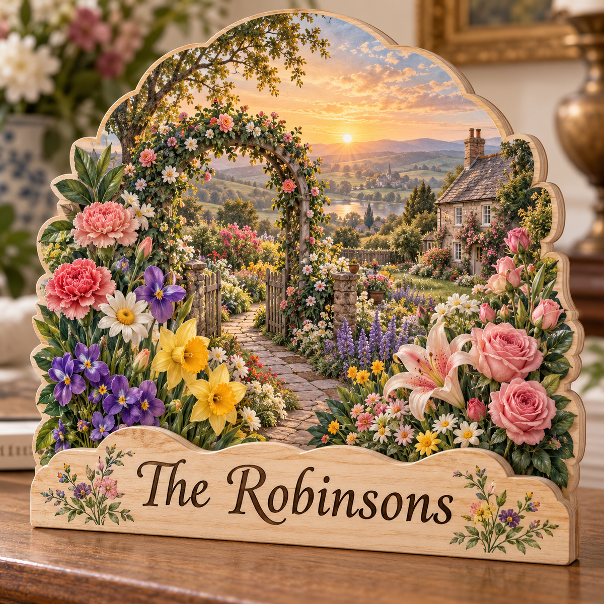 Birth Flowers Family Garden Personalized Wooden Block; example personalization The Robinsons