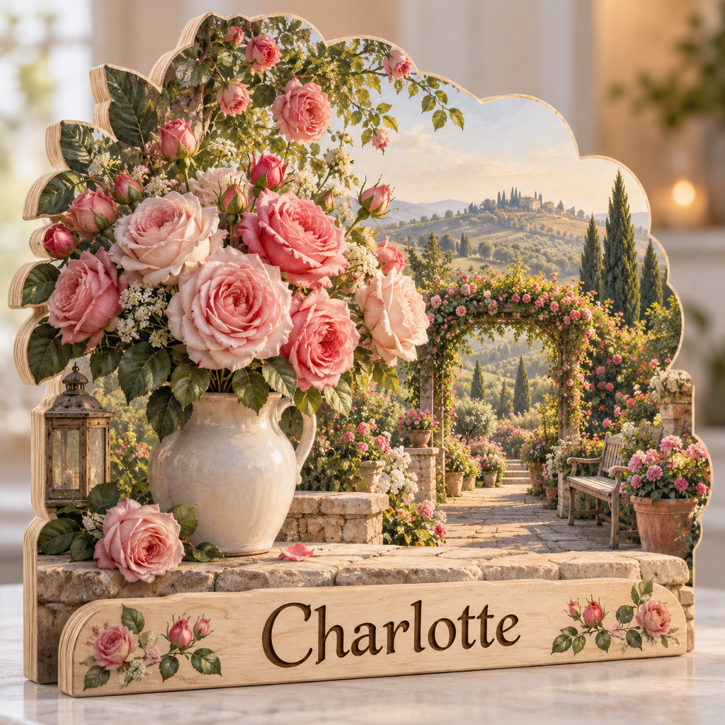 Birth Flowers June Rose Terrace Personalized Wooden Block; example personalization Charlotte
