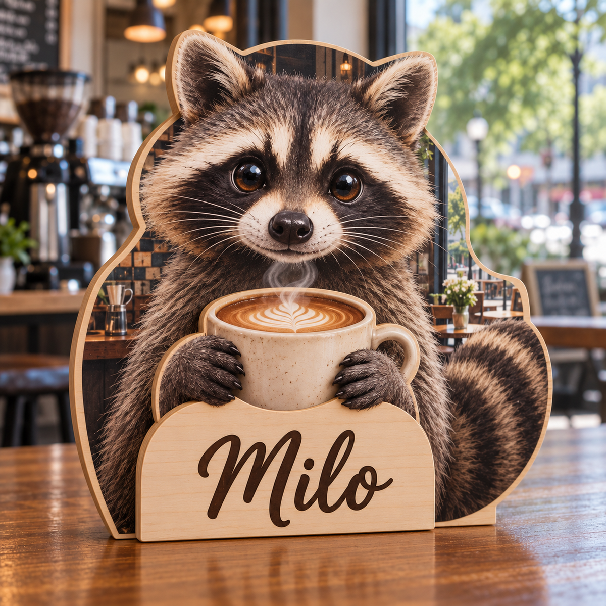 Raccoon Cafe Corner Personalized Wooden Block; example personalization Milo