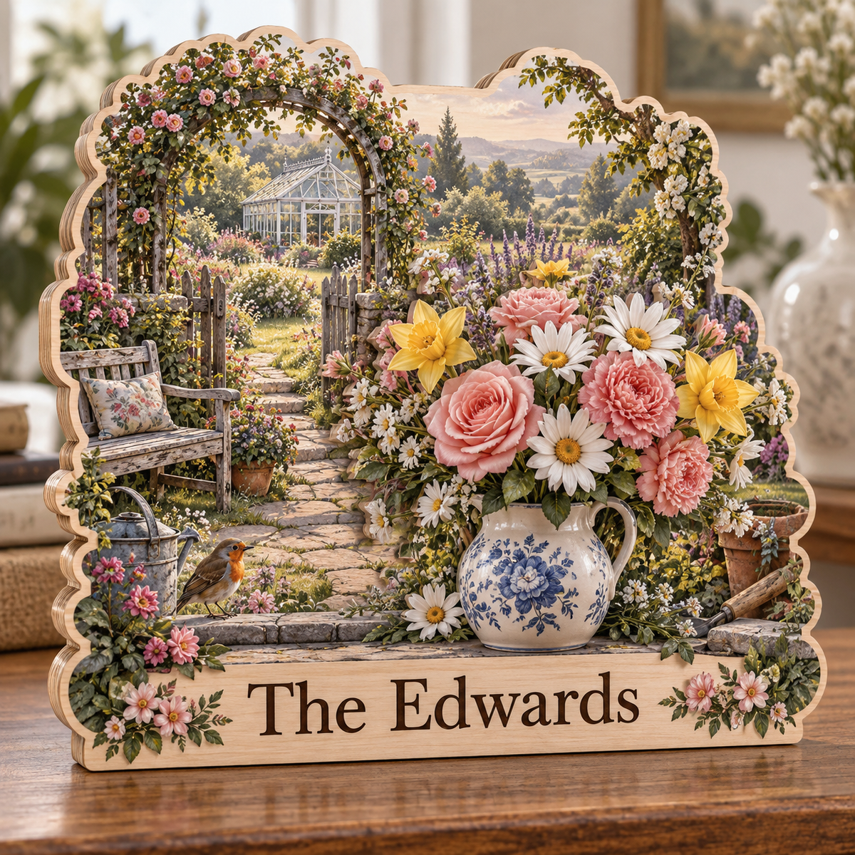 Birth Flower Meadow Bouquet Personalized Wooden Block; example personalization The Edwards