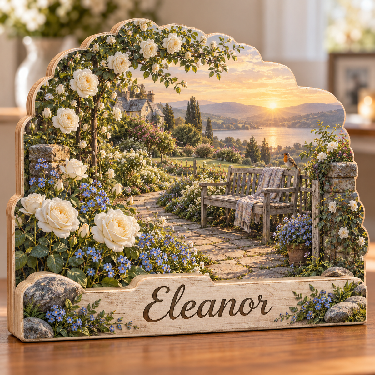 Memorial Garden Quiet Rose Path Personalized Wooden Block; example personalization Eleanor