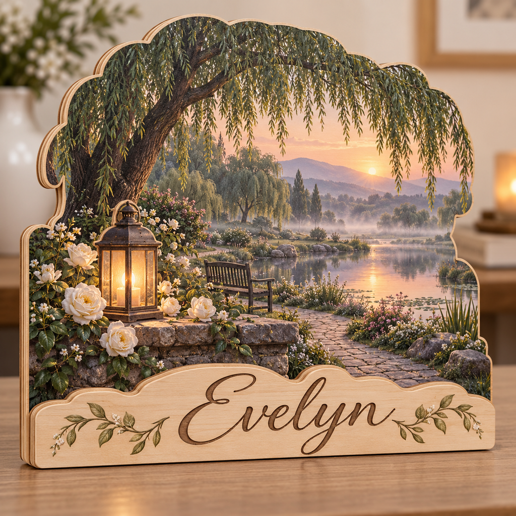 Memorial Garden Willow Pond Personalized Wooden Block; example personalization Evelyn