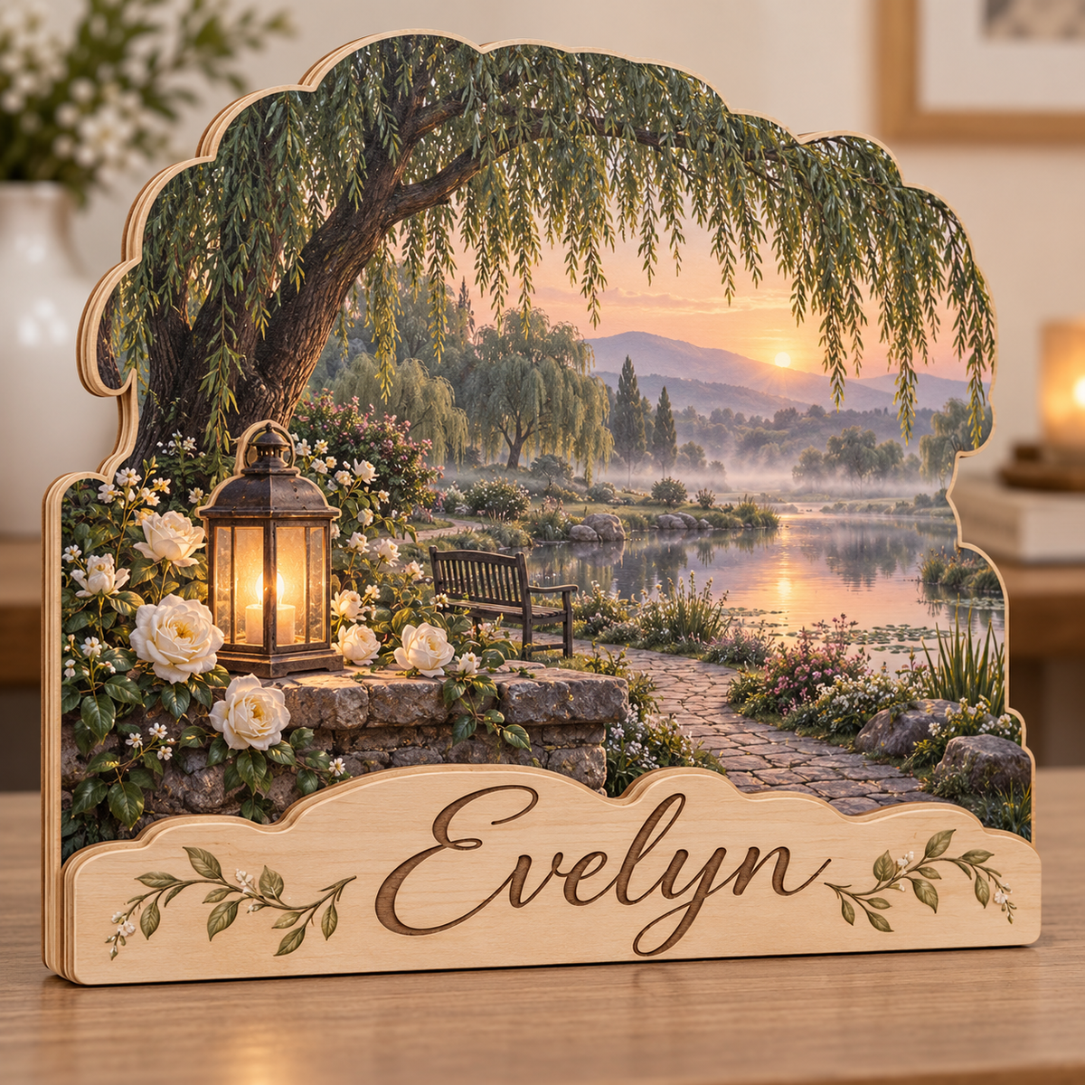 Memorial Garden Willow Pond Personalized Wooden Block; example personalization Evelyn