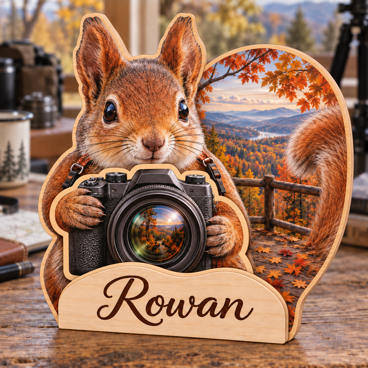 Squirrel Forest Lens Personalized Wooden Block; example personalization Rowan