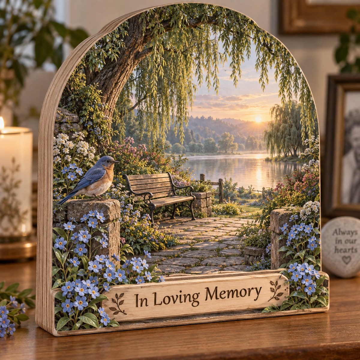 Quiet Memorial Garden Personalized Wooden Block; example personalization In Loving Memory