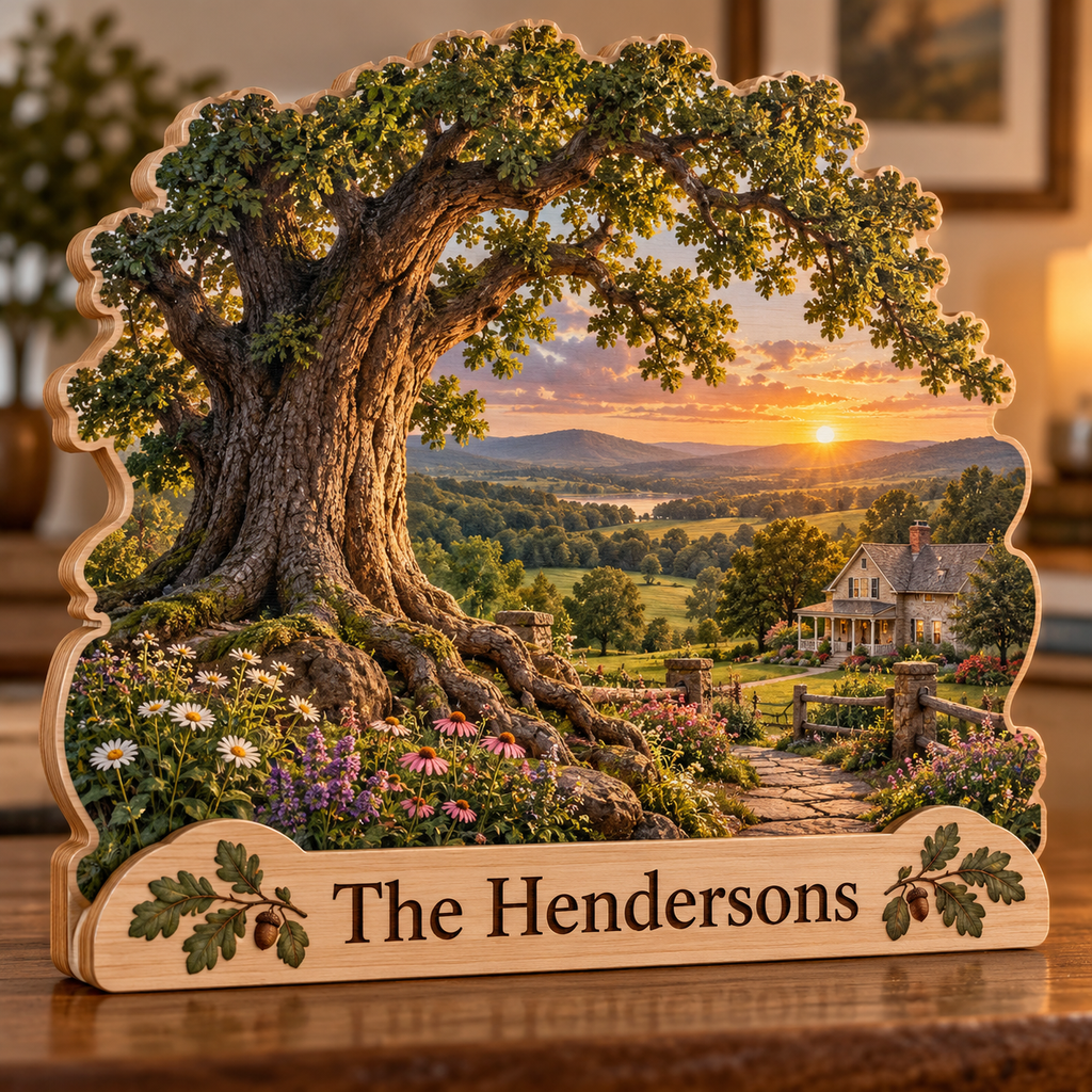 Family Roots Oak Country Garden Personalized Wooden Block; example personalization The Hendersons