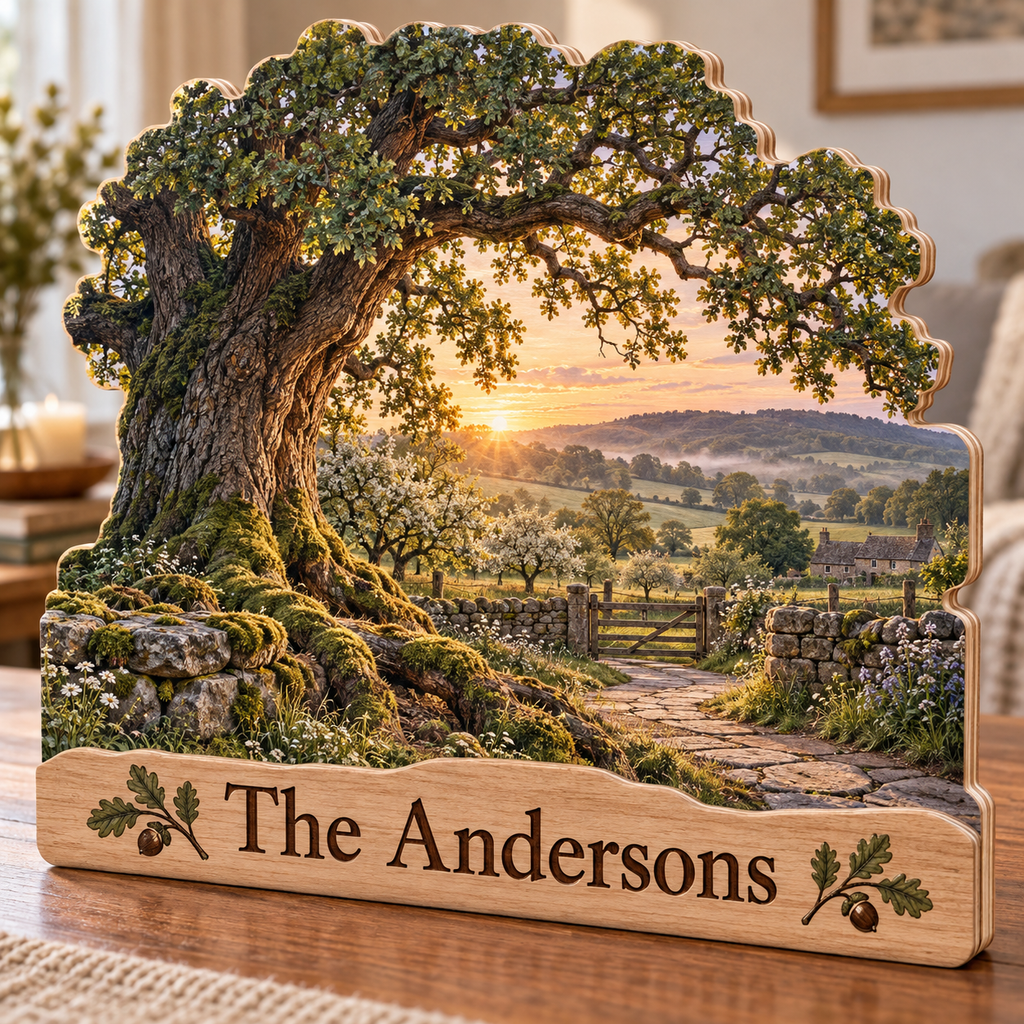 Family Roots Orchard Stone Path Personalized Wooden Block; example personalization The Andersons