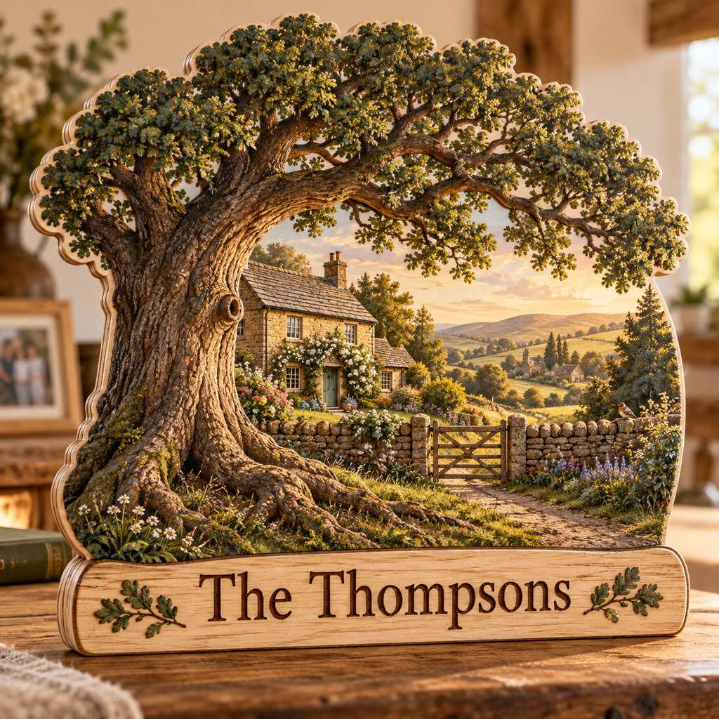 Family Oak Roots Homestead Personalized Wooden Block; example personalization The Thompsons