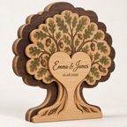 Oak Heart Couple personalized three-layer wooden block with Emma and James names