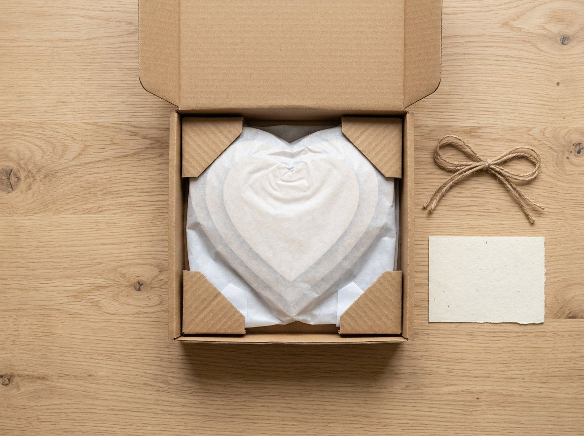 Wooden keepsake packed in tissue and corner protectors in a kraft box
