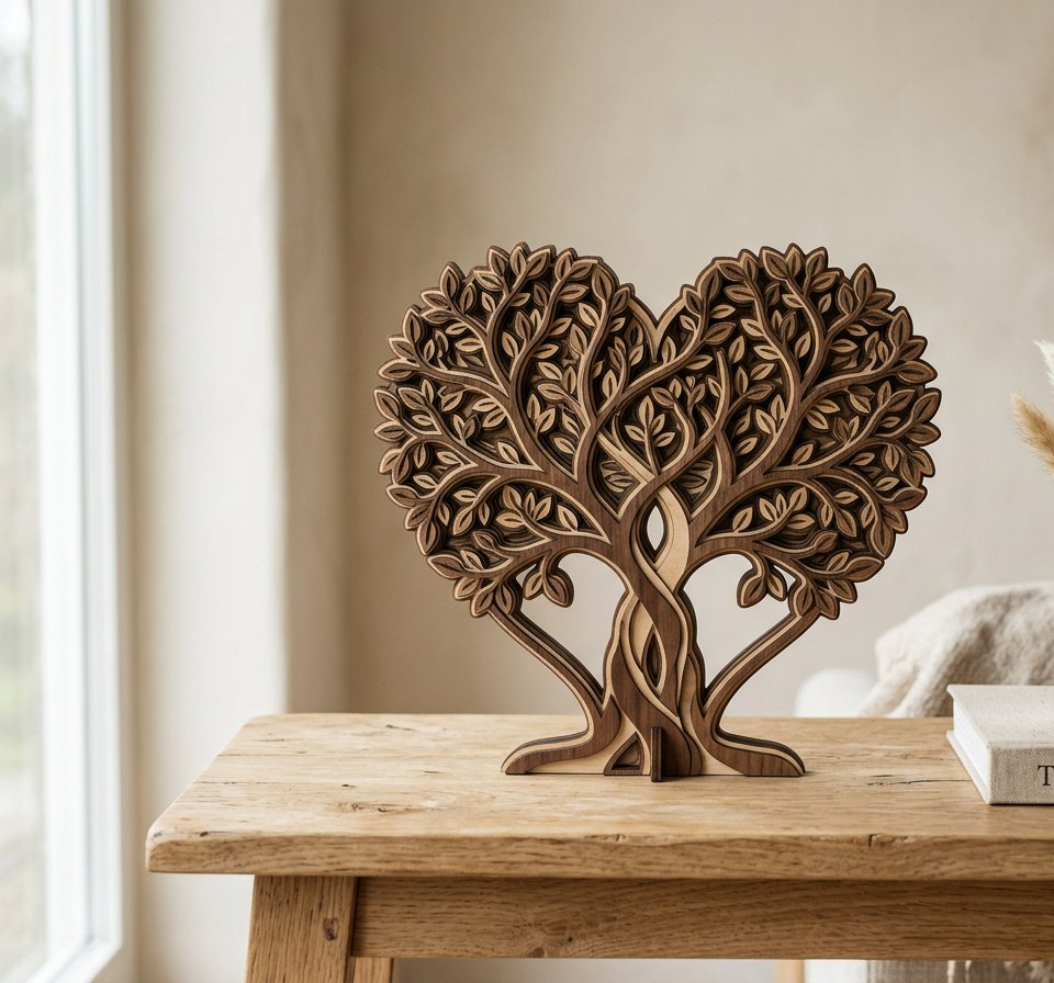 Layered wooden tree-of-life heart plaque on an oak table
