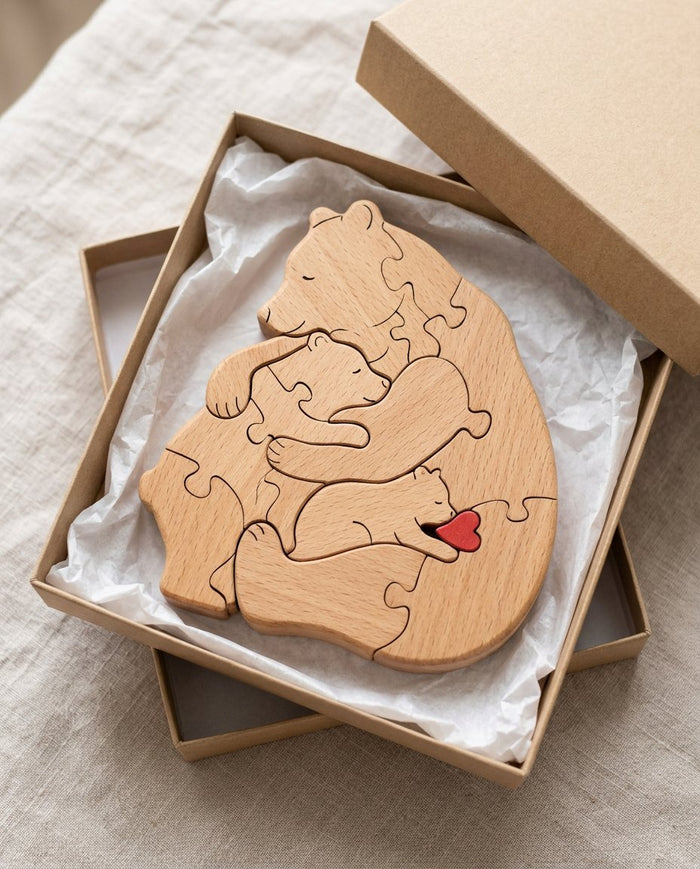 Wooden bear family puzzle in a kraft gift box