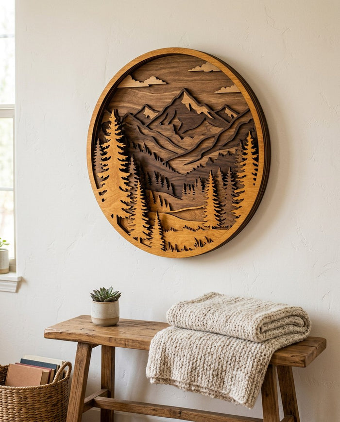 Round layered wooden mountain plaque above a bench