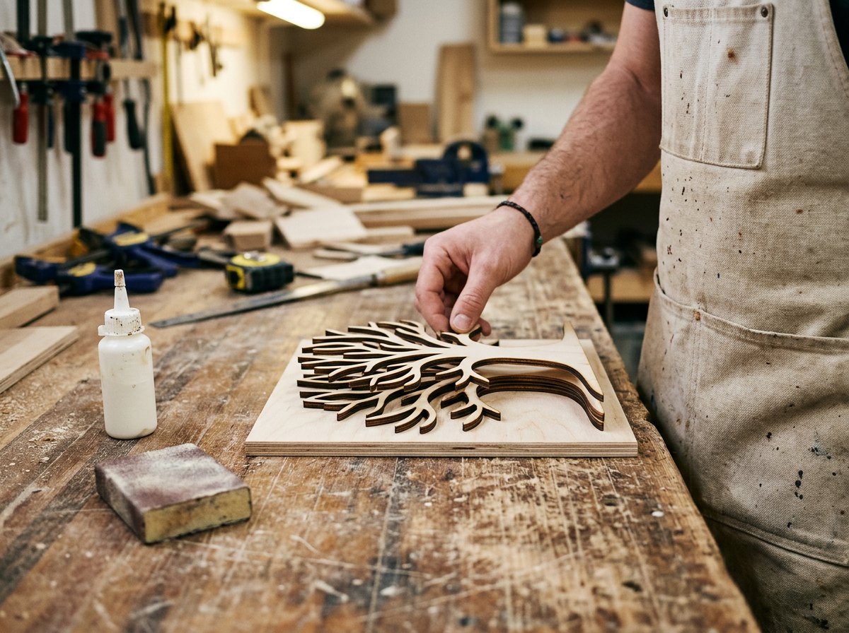 Laser-cut wood layers being assembled on a workbench