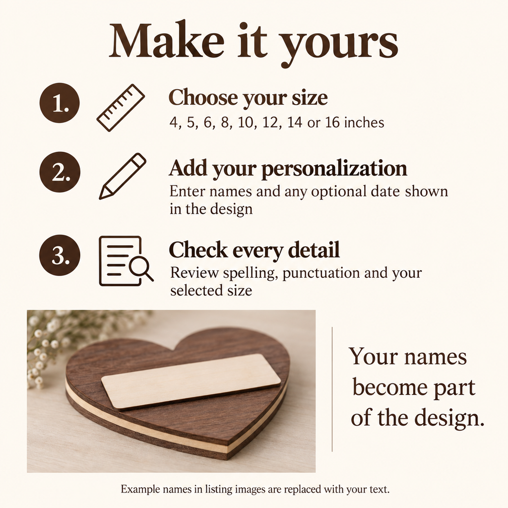 Size options and instructions for entering and checking your wooden block personalization